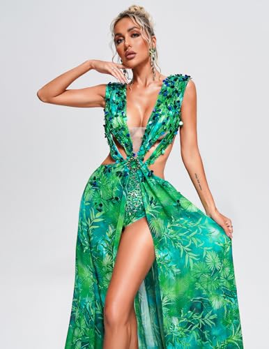 Red Maxi Beach Squin Printed Floral Dress for Women Summer Chiffon Cut Out Backless Deep V Neck Vacation Dress2