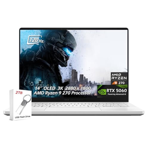 Image of ASUS ROG Zephyrus G14 Gaming Laptop, 14 inch OLED 3K 120Hz 500nits, AMD Ryzen 9 270, NVIDIA GeForce RTX 5060, Wi-Fi7, Backlit KB, Win11, Platinum White, (16GB RAM 1TB SSD), w /2TB USB Drive, W /GaLiMu