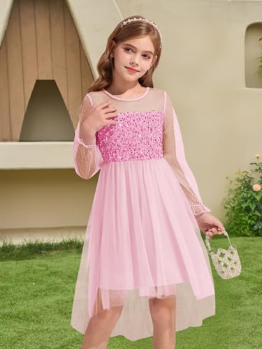 Haloumoning Girls Sequin Contrast Mesh Puff Long Sleeve Dresses Twirly High Low Party Tulle Formal Dress 5-14 Years3