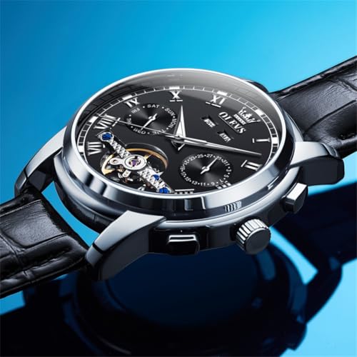 Image of OLEVS Mechanical Dress Mens Watches Square Brown Leather Strap Moon Phase Skeleton Tourbillion Day Date Waterproof Luminous Men's Wrist Watches