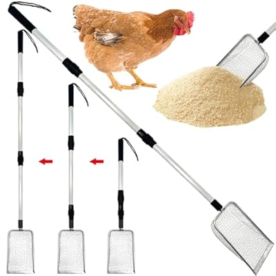PINVNBY Stainless Steel Chicken Poop Scooper 3 in 1 Adjustable Long Handle Poop Scooper for Chicken(22.3" to 47.6") Multifunctional Chicken Coop Cleaning Tools Sifting Shovel Chicken Coop Accessories