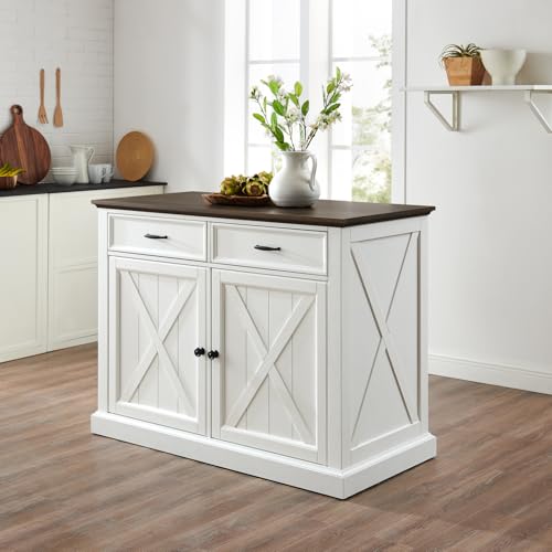 HomeStock Kitchen Island with Storage Distressed White & Brown Wood