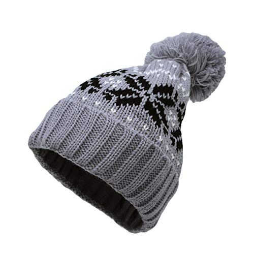 WITHMOONS Knit Fairs Isle Nordic Bobble Pom Beanie Hat JZP0026 (Grey)