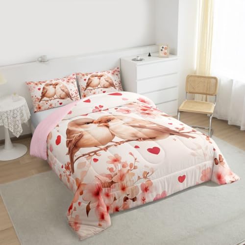 Image of Erosebridal Chickadee Queen Comforter Set Pink Valentine Bedding Set for Kids Teens Love Heart Pattern Bedroom Decor Heart Floral Spring Quilt Duvet