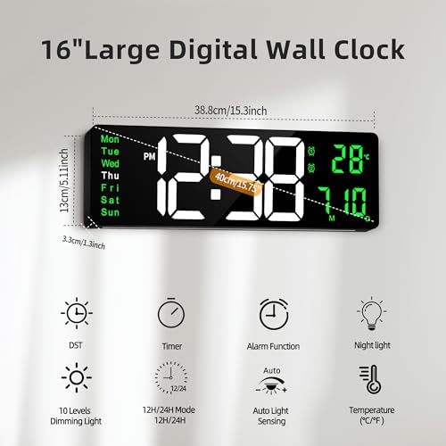 Image of Maxstar 16 inch Digital Wall Clock with Remote, 2 Alarms, DST, Date, Week, Dimmer,Large Digital Clock With Temperatur,Jumbo Number,LED Display,Night Light for Living Room,Kitchen,Garage,Gym,Desk (Green)