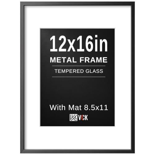 Image of VCK 12x16 Picture Frame Black Metal, Real Glass, 8.5x11 Mat, for Photo