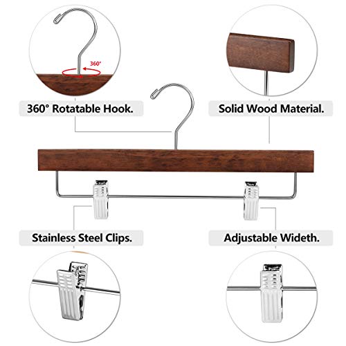 Amkufo 20Pcs Wooden Pants Hangers Solid Pants Hangers With Adjustable Clips 14 Inch Walnut Wood Skirt Hangers Trousers Bottom Hangers With Non-Slip Clips And 360° Swivel Hook #TOP4