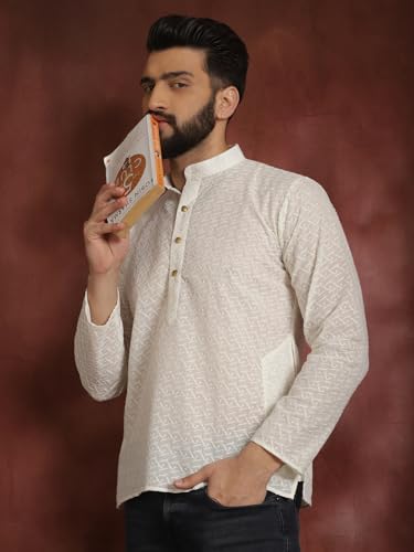 Image of SOJANYA (Since 1958 Men's Cream Pure Chicken Cotton Short Kurta