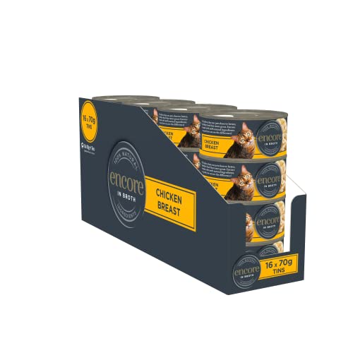 Encore Comida Húmeda Natural para Gatos, Pechuga de Pollo en Caldo, Pack de 16 latas de 70 g