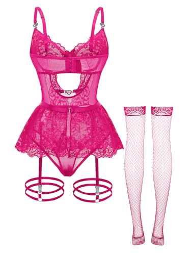 Image of Foxiny Sexy Lingerie Set 3 Piece Women Corset Bodysuit | Sheer Mesh Lace Push-Up Underwire Heart Garter Stocking Plus Size Curvy Exotic Costume Halloween Christmas Valentine's Day