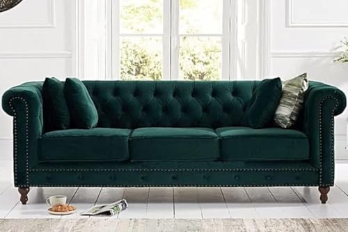 Image of Modern and Stylish 3 Seater Chesterfield Luxury Sofa with Valvet and Fabric Comfortable Sofa for Living Room, Dining Room, Hallway, and Office-(Green).