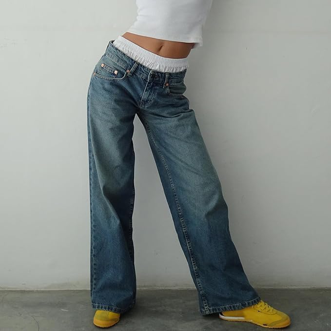 Womens Baggy Jeans,Women Y2K Low Rise Baggy Jeans,Straight Wide Leg Boyfriend Streetwear Loose Fit Denim Pants3