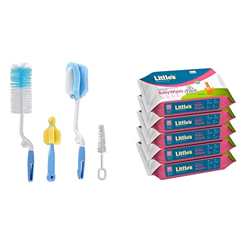 Image of Syga 4 Pcs Baby Milk Bottle Nipple Straw Brush Sponge Nylon Cleaning Brush Cleaner Bottle Tong Set R&Little'S Soft Cleansing Baby Wipes with Aloe Vera, Jojoba Oil and Vitamin E (80 Wipes) Pack of 5