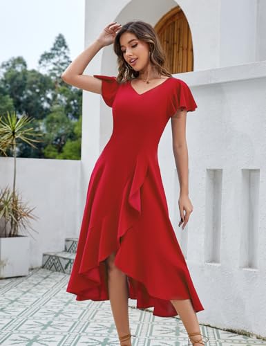 Image of HomRain V Neck Formal Wedding Guest Dresses for Women Ruffle Sleeves for Cocktail Graduation Modest Dress