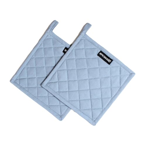 Image of Encasa XO Heat Resistant Cotton Pot Holders with Hanging Loop - Set of 2 - B Grey & Cobalt Blue - Multipurpose Quilted Everyday Hot Pad for Kitchen, Camping, BBQ & Microwave - 21 cm