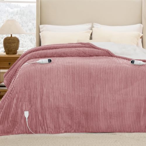 Image of Bedsure Ribbed Electric Blanket King, Pink Heated Blanket, Preheat