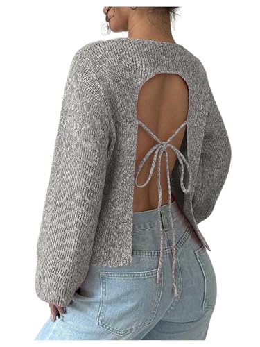 MakeMeChic Womens Open Back Sweater Tie Backless Long Sleeve Crew Neck Y2K Knit Tops Light Grey Large