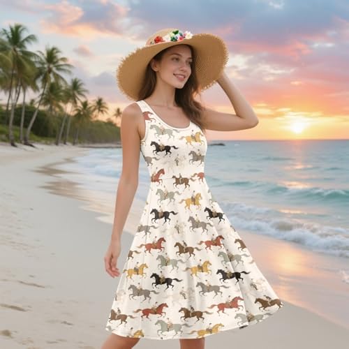 Image of Women Stylish Tank Dresses Sleeveless Round Neck Midi Casual Dress with Pocket for Summer