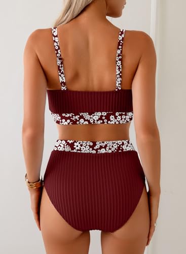 Image of Herseas Women's Textured Bikini Sets Floral Print Trim Scoop Neck Swimsuits High Waisted Bathing Suits