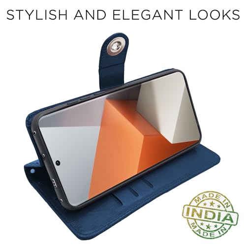 Image of Pikkme Redmi Note 13 Pro Plus 5G Flip Cover Leather Finish | Inside TPU with Card Pockets | Wallet Stand and Shock Proof | Magnetic Closing | Complete Protection Button Flip Case (Blue)