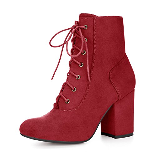 Allegra K Women Round Toe Chunky High Heel Lace Up Red Booties 7 M US