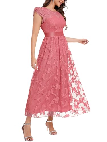 Image of Women's Casual Tulle Midi Dress Ruffle Sleeve Crewneck Lace Flowy Dresses Party Wedding Guest Sundress