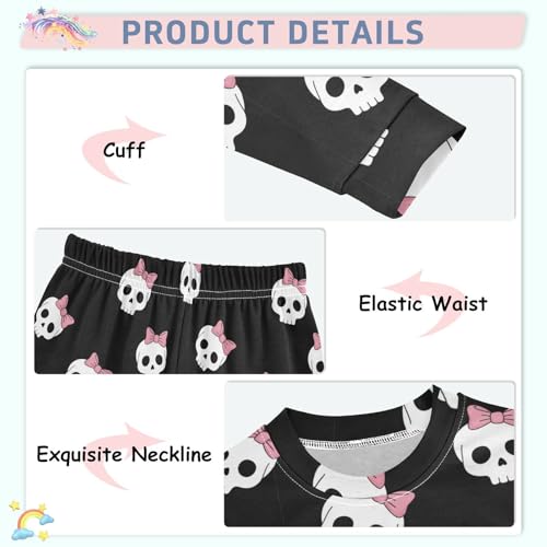 Pajama Sets Long Sleeve Skull Pattern with Pink Bows Soft Comfy Sleepwear 2 Piece PJS 3-8T4