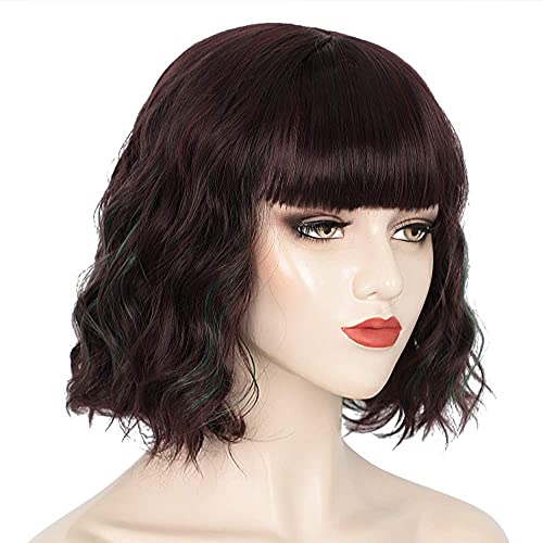 ENTRANCED STYLES Short Wavy Bob Wig with Bangs Curly Wigs for Women Heat Resistant Synthetic Wig Dark Brown Mixed Green Synthetic Heat Resistant Hair Daily Party Wear