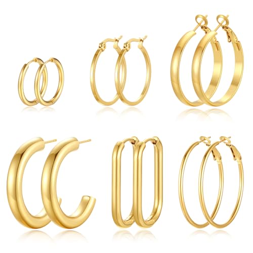 6 Pairs Chunky Silver Gold Hoop Earrings Set for Women 14K Gold Plated Hypoallergenic Thick Open Huggie Hoop Set Pack Jewelry Gifts
