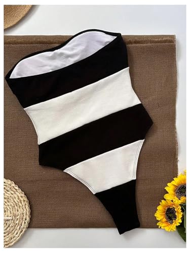 WDIRARA Women's One Piece Color Block Strapless Swimsuit High Cut Bandeau Bathing Suit4
