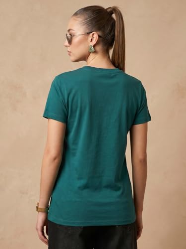 Image of JUNEBERRY Women's Regular Fit Printed Tee - 100% Pure Cotton, Round Neck, Half Sleeve Graphic T-Shirt for Daily Use (Colors: Red, Brown, Green & Future Dusk)