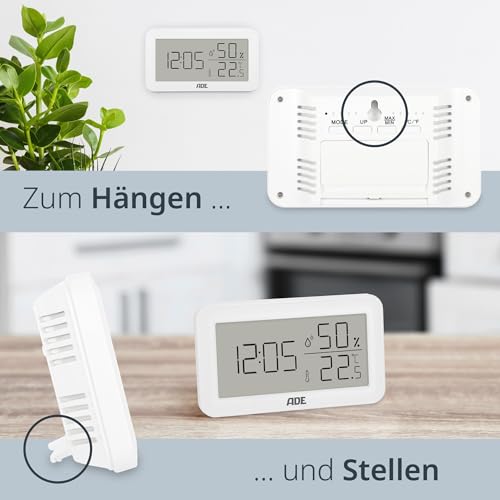 ADE Thermometer mit Luftfeuchtigkeitsmesser innen | digitale Badezimmeruhr mit Temperatur | Feuchtigkeitsmessgerät mit Uhrzeit | Hygrometer für Büro, Kinderzimmer, Schlafzimmer, Bad | Querformat weiß
