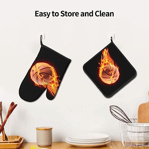 Basketball On Fire Oven Mitts And Pot Holders Set Heat Resistant Oven Glove And Potholder Kitchen Microwave Gloves For Baking Bbq Grilling Cooking Oven Mitts #TOP4