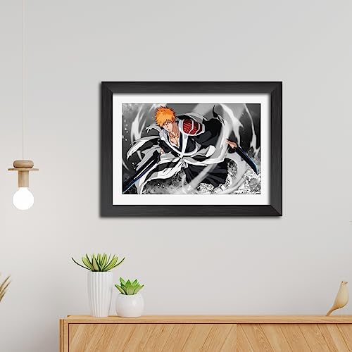 Image of TenorArts Ichigo Bankai Poster Bleach Anime Posters Laminated Photo Frame Painting with Matt Finish Black Textures (12inches x 9inches)