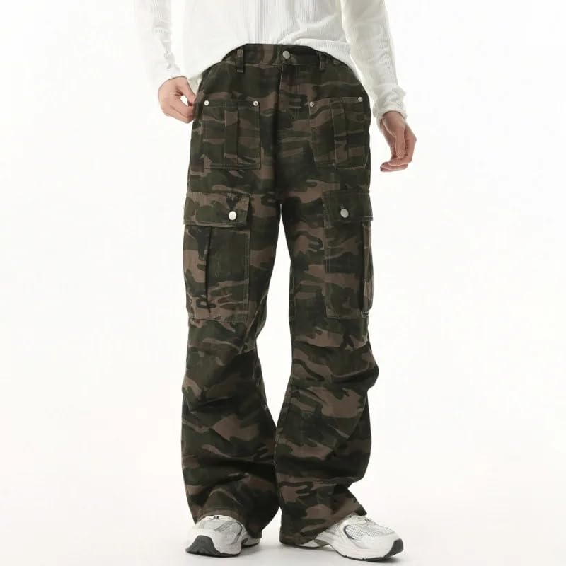Men's Multi Pocket Retro Camo Pants Folded Straight Loose Versatile Casual Jeans Trousers4