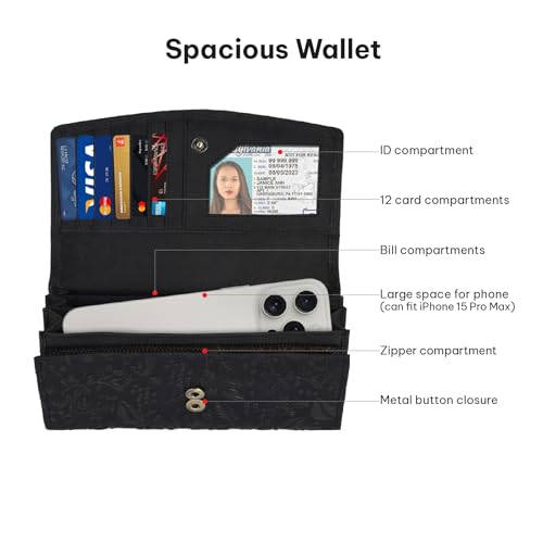 VALENCHI Leather Wallet For Women RFID Blocking Slim Minimalist Ladies Long Clutch Purse Organizer Credit Card Holder Slots with Zipper Pocket (Black Oily Hunter)3