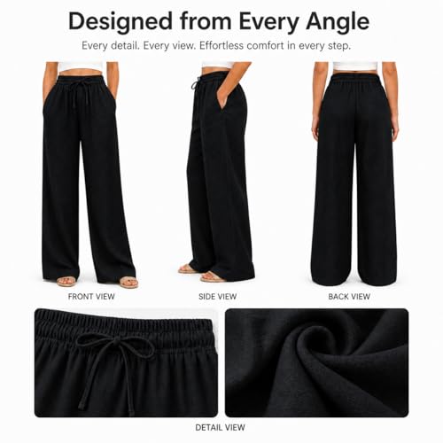 Image of Women Linen Wide Leg Pants High Waist Drawstring Elastic Waist Trousers Breathable Lightweight Summer Palazzo Pants Casual Travel Lounge Wear with Pockets