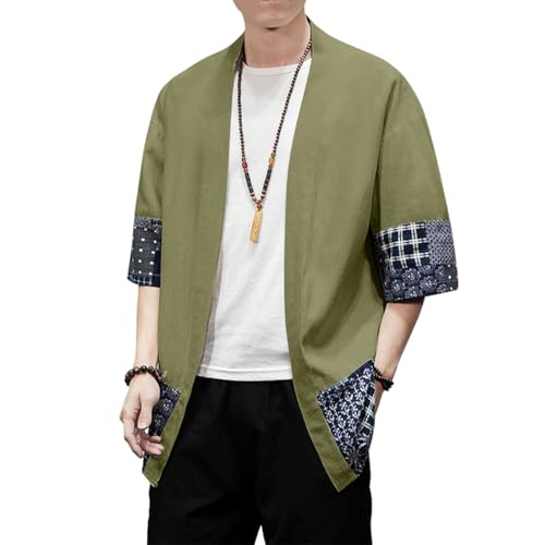 Image of PRIJOUHE Men's Kimono Jackets Cardigan Lightweight Casual Cotton Blends Linen Seven Sleeves Open Front Coat Outwear