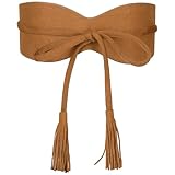 Elerevyo Womens Faux Suede Tassel Belt, Vintage Bow Tie Corset Cinch Obi Belts Waistband for Dress 65-106cm/25.59-41.73' Brown