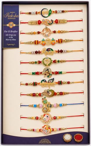 Image of De Marquis Designer Fancy Traditional Rakhi Combo Set for Bro /Brother /Bhaiya /Bhai /Kids /Bhabhi (Pack of 12) Rakshabandan
