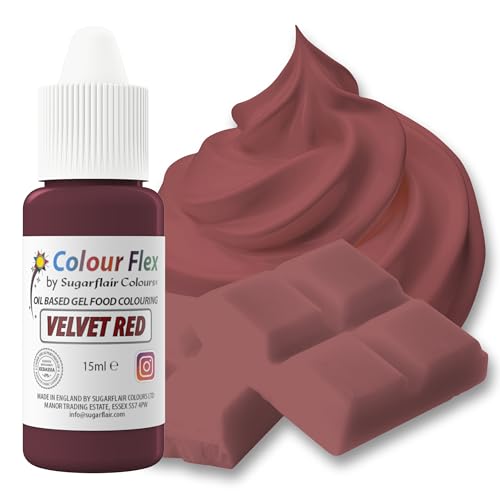 Sugarflair Colourflex Velvet Red, Colorante Alimentario a Base de Aceite, Colorante para Crema de Mantequilla, Ganache, Chocolate, Pasta de Modelar, Pasta de Azúcar y Crema - 15 ml
