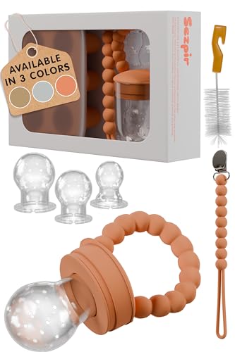 Image of Silicone Baby Fruit Feeder Pacifier with Freezer Tray Made from Safe and BPA Free Materials, Suitable for Fruits, Veggies, Puree or Frozen Breast Milk Popsicle Teether with Clip Strap, Clay