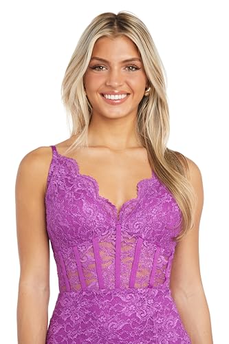 Image of Long Lace Corset Gown W /Illusion Scallop Bodice, Spaghetti Straps & High Slit
