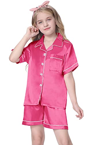 Image of Schbbbta Girls Womens Pajamas, Satin Silky Pjs Set Kids 2Pcs Button-Down Nightwear Sleepwear Gift for Mommy and me