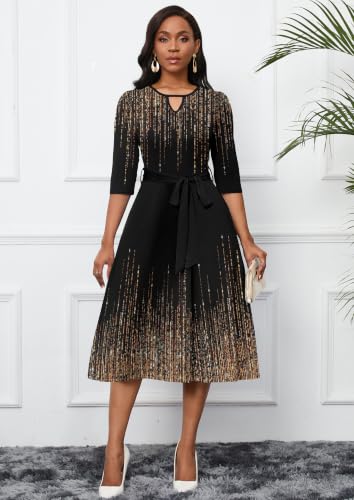Image of CLOCOR Midi Dresses for Women Casual A-Line Fit and Flare Dress Crewneck 3 /4 Sleeve Keyhole Cocktail Party Church Dress