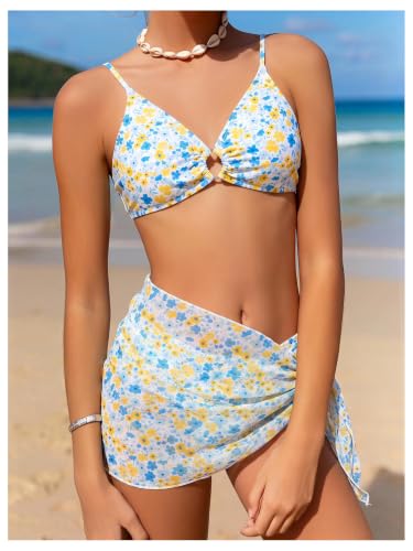 Image of OYOANGLE Girl's 3 Piece Bikini Sets Floral Print Spaghetti Straps Cute Swimsuits with Beach Skirt Bathing Suits