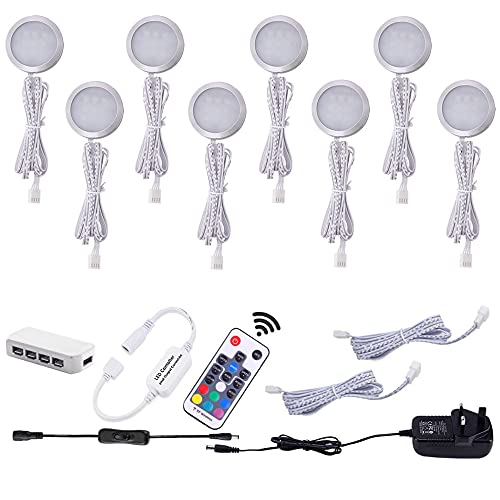 AIBOO RGB Under Cabinet Lights Kitchen with Remote 8 Pack,LED Under Cupboard Lighting Dimmable Plug in Under Cabinet Lighting Colour Changing Puck Light 12V Ultra Slim Dimmer for Kitchen,Counter,Shelf