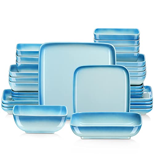 Stoneware Dinnerware Set With Gradient Color 32-Piece, Lovecasa, Square Plate And Bowl Set With Dinner Plates/Dessert Plates/Soup Plates/Cereal Bowls,Service For 8,Gradient Sky Blue #TOP21