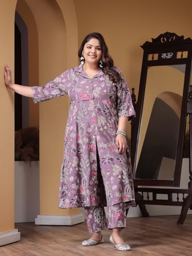 Image of Stylum Women's Plus Size Floral Printed Rayon Kurta Pant Set Mauve