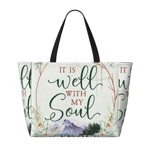 It Is Well With My Soul Floral Christian Large Capacity Beach Travel Bag – Lightweight Foldable Waterproof & Sandproof Tote With Multiple Pockets,Beach Vacation Essentials2